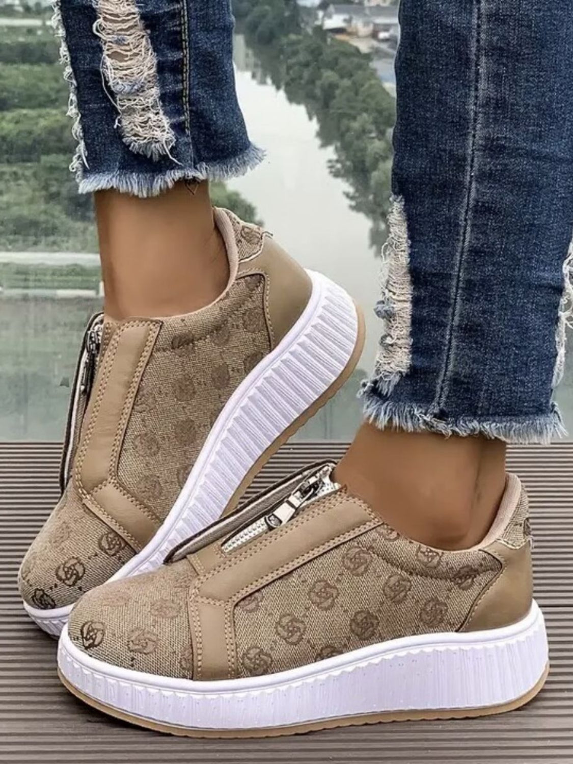 Floral Round Toe Sneakers with Zip  Shop One Place