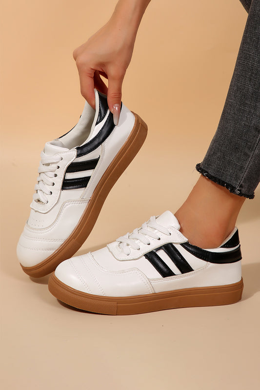 White Striped PU Leather Round Toe Lace Up Sneakers