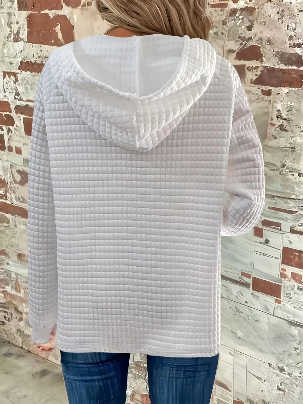 Full Size Texture Button Detail Drawstring Long Sleeve Hoodie  Shop One Place