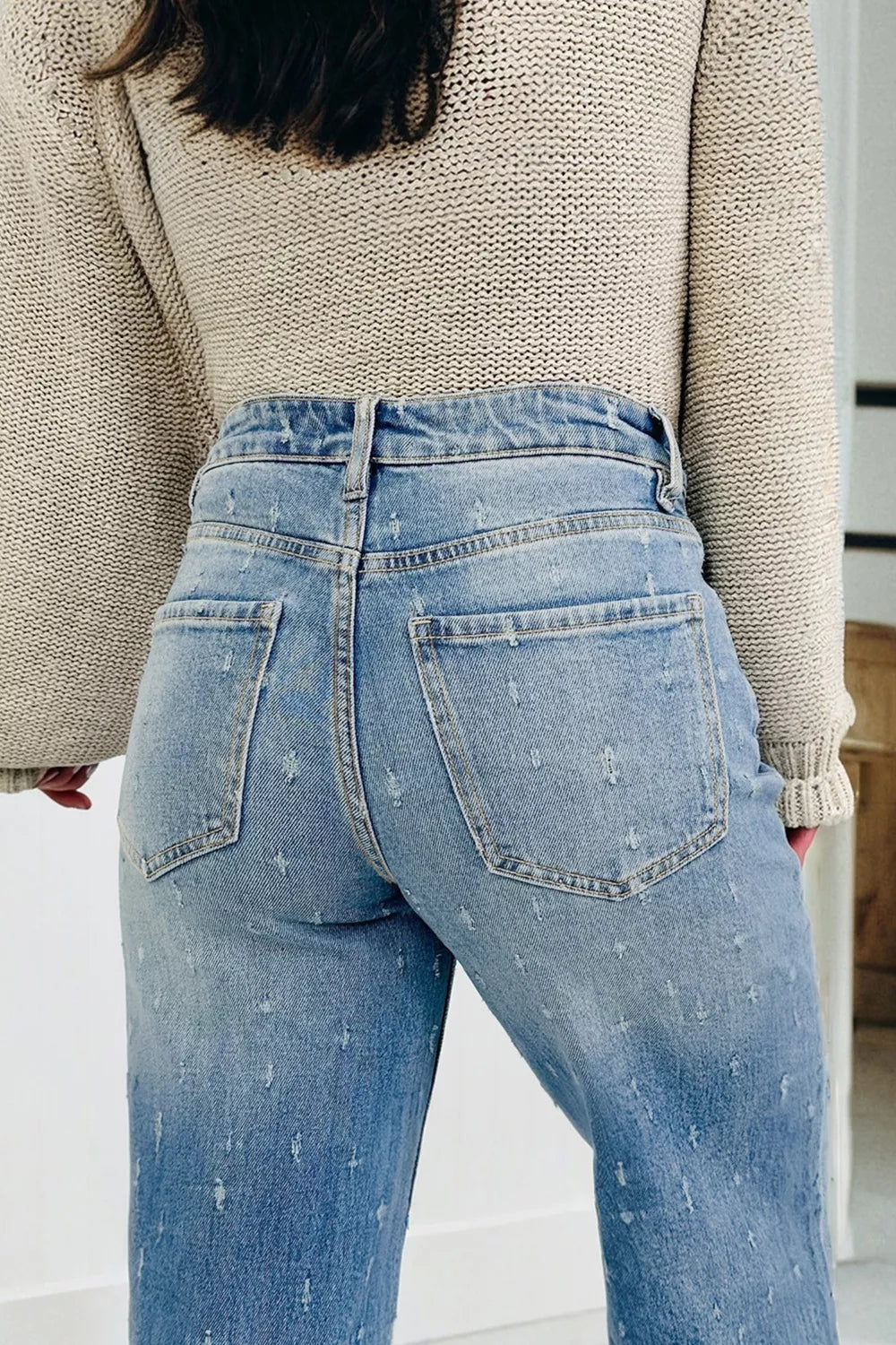 Distressed Detail Tummy Control Raw Hem Jeans  Shop One Place