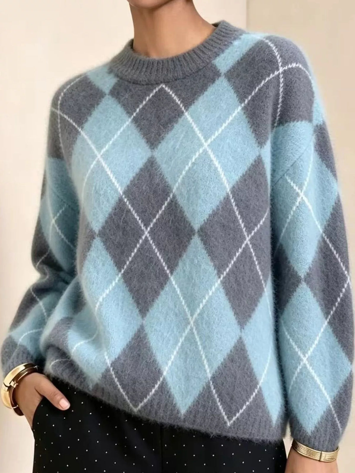Women's Argyle Fuzzy Knit Sweater – view 14