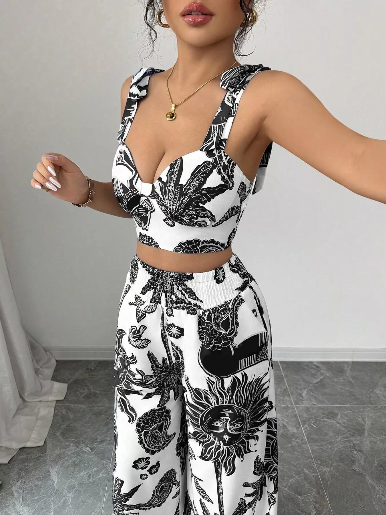 Floral Print Smocked Crop Top & Wide-Leg Pants Set – Women’s Two-Piece Outfit  Shop One Place