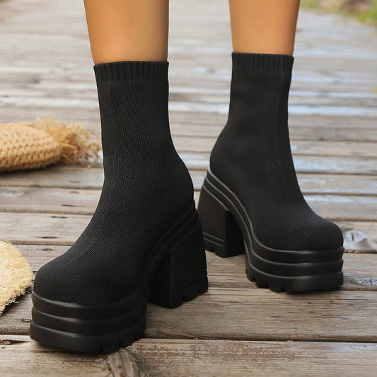 Round Toe Block Heel Platform Boots  Shop One Place