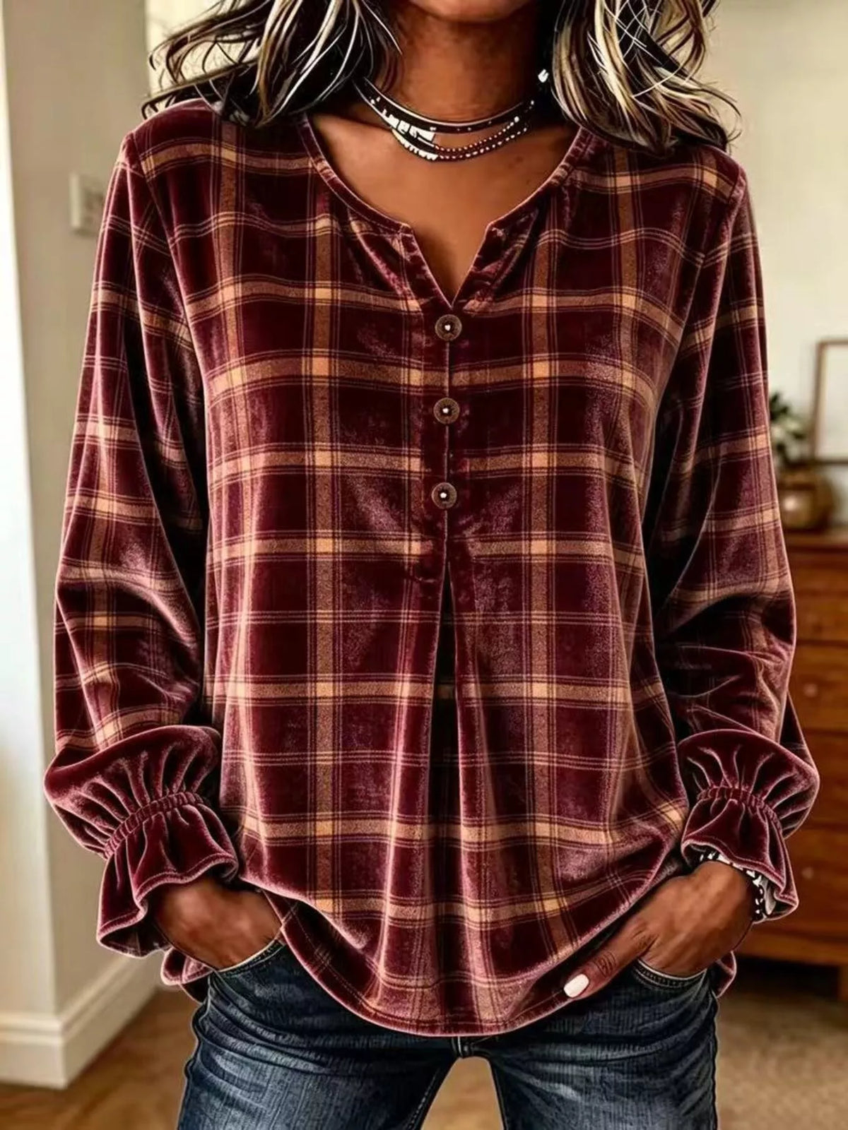 Women's Plaid Velvet Flounce Sleeve Blouse – view 9