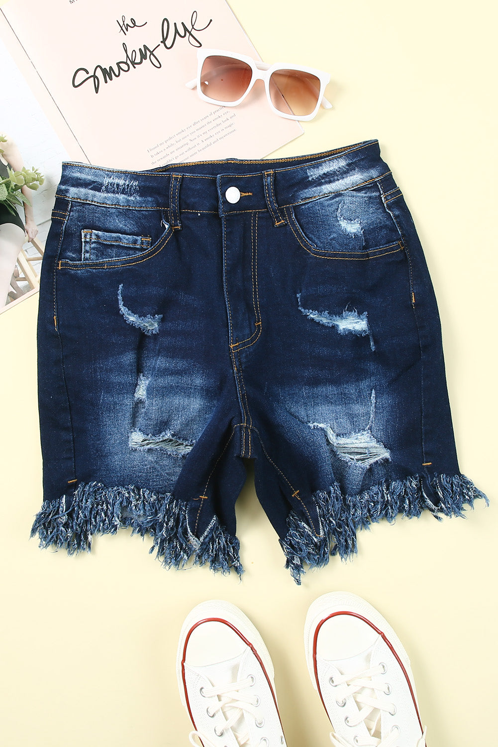 Blue Distressed Skinny Fit High Waist Denim Shorts