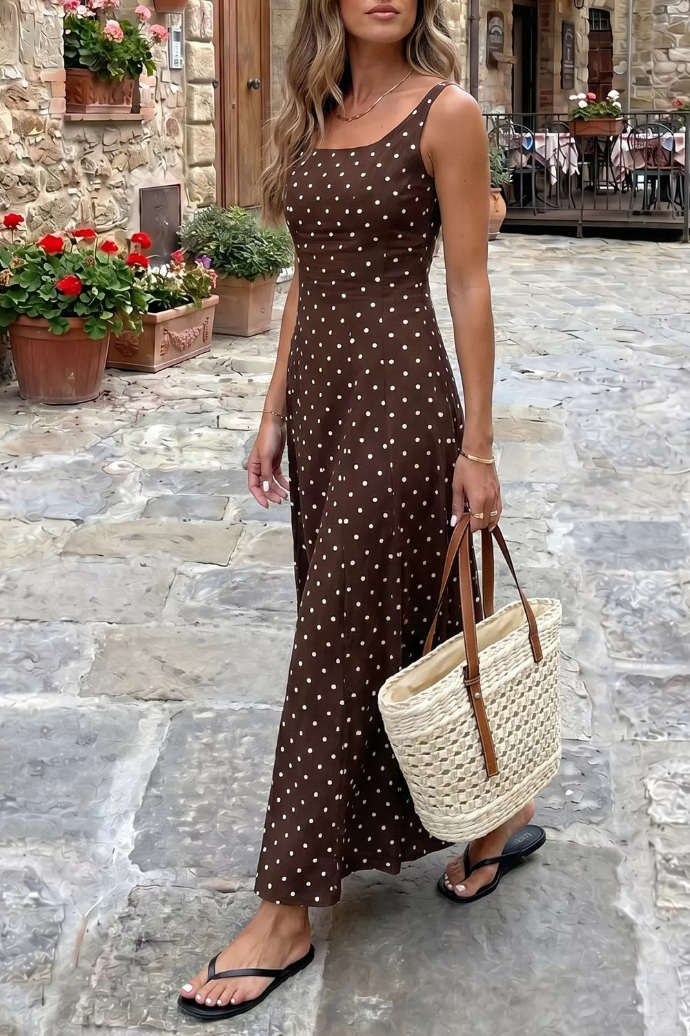 Polka Dot Print Square Neck Sleeveless Vacation Maxi Dress  Shop One Place