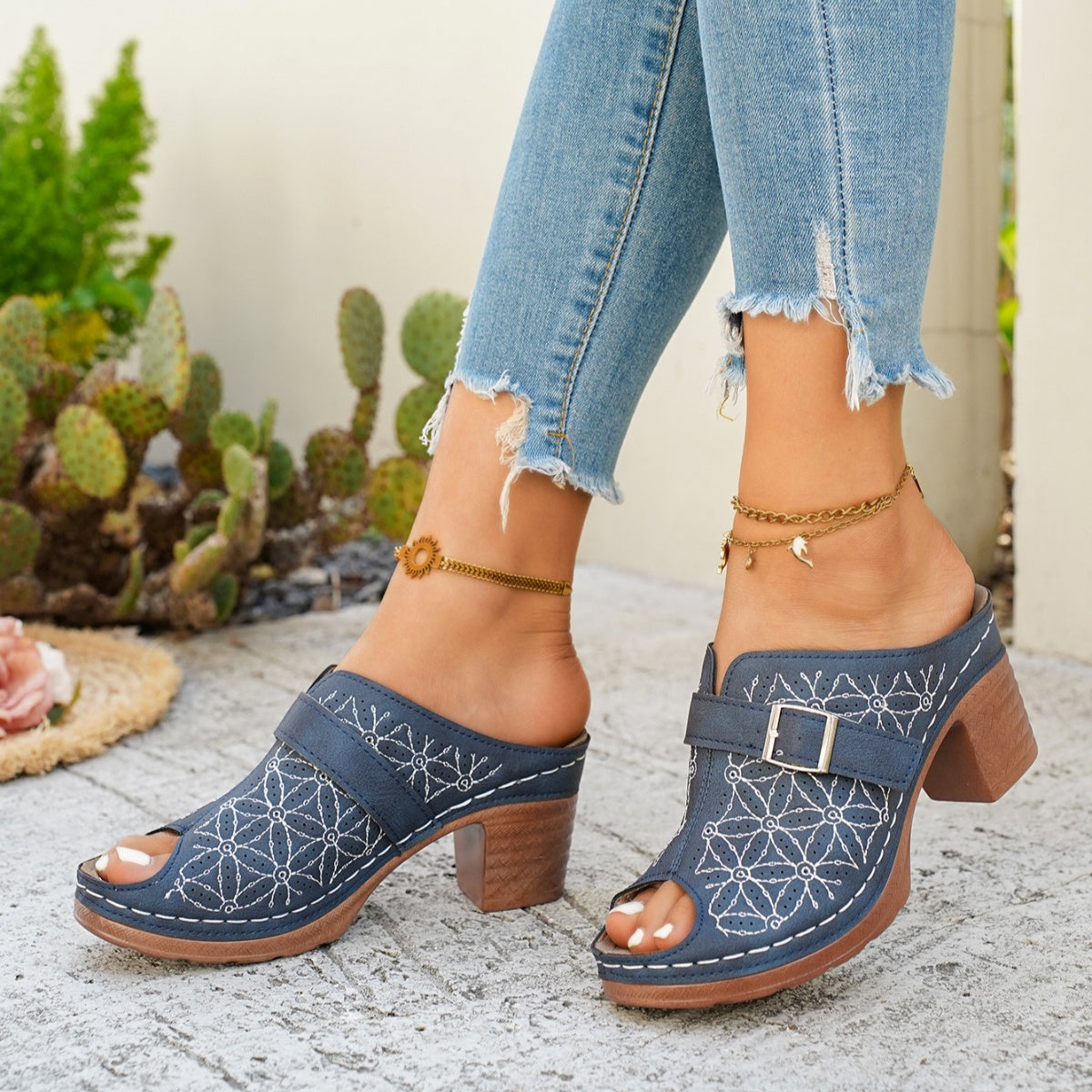 Buckle Decor Block Heel Sandals  Shop One Place