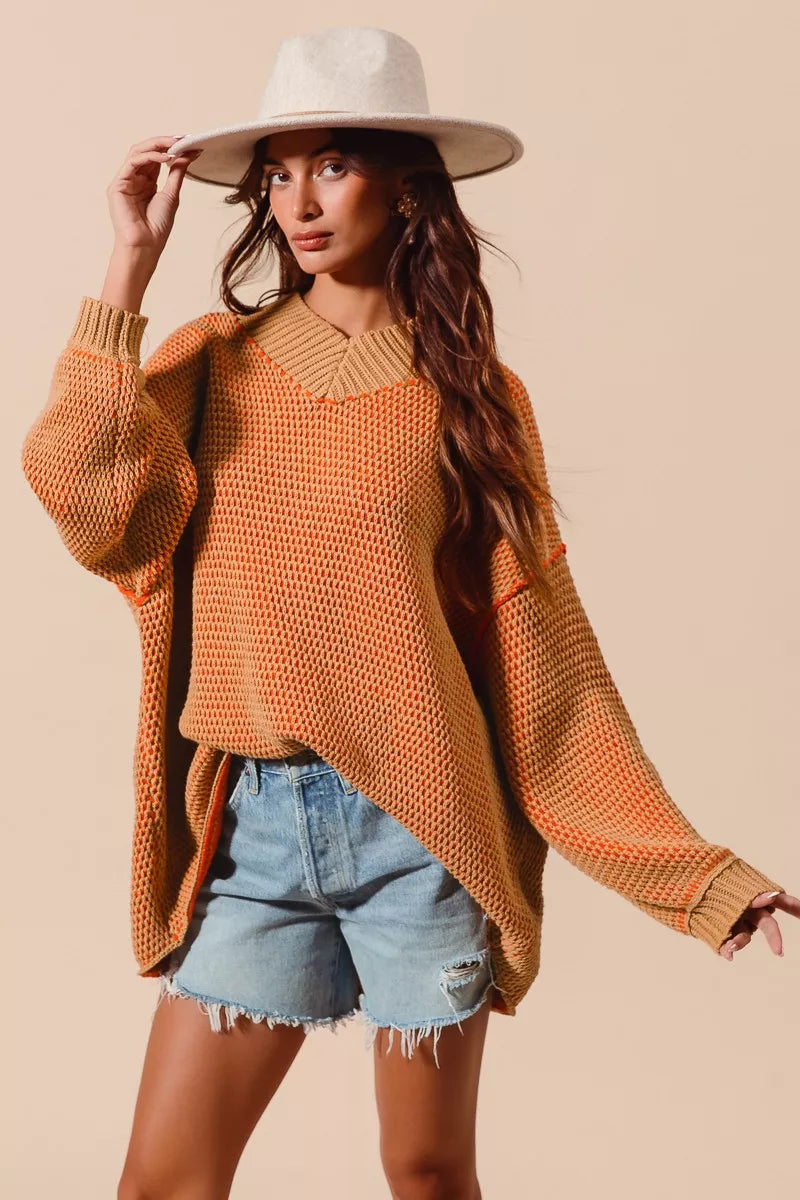 SO ME Oversized Two Tone Textured V Neck Sweater  Shop One Place
