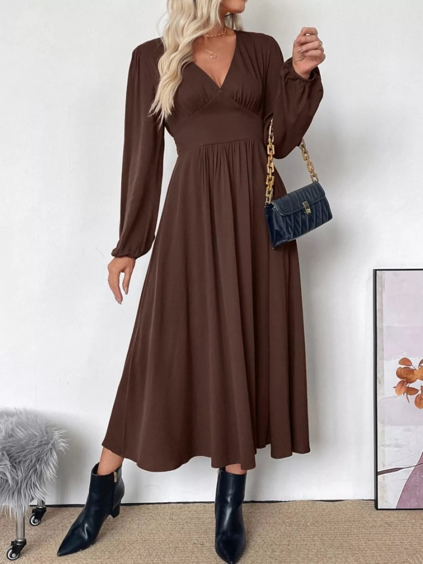 V-Neck Long Sleeve A-Line Midi Dress  Shop One Place