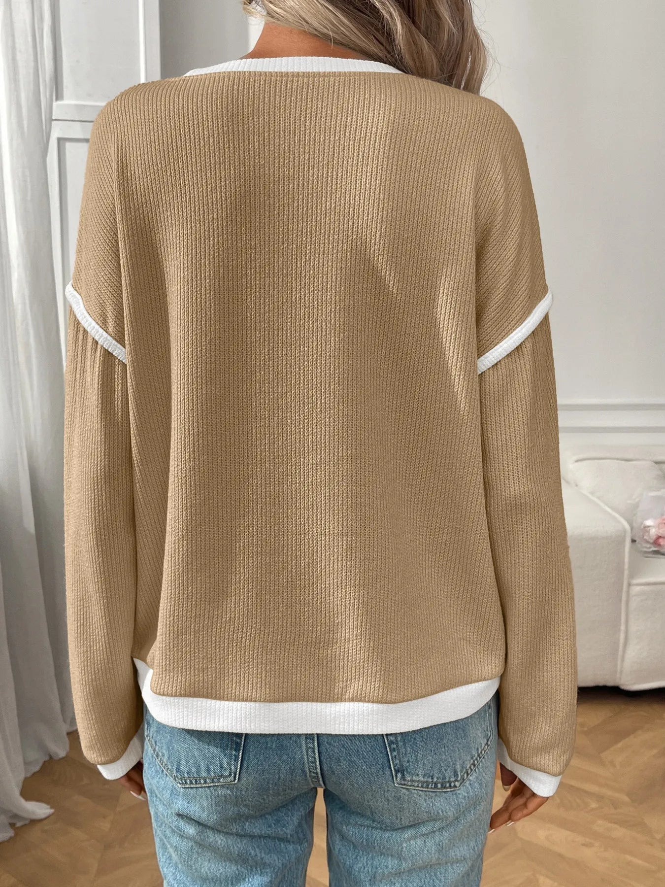 Ribbed Contrast Trim Long Sleeve Top  Shop One Place