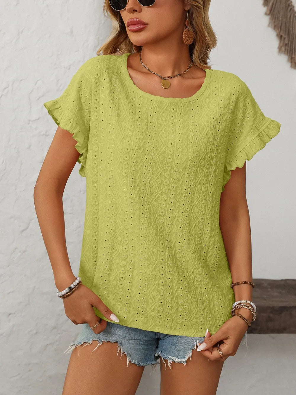 Mandy Eyelet Round Neck Short Sleeve Top  Shop One Place