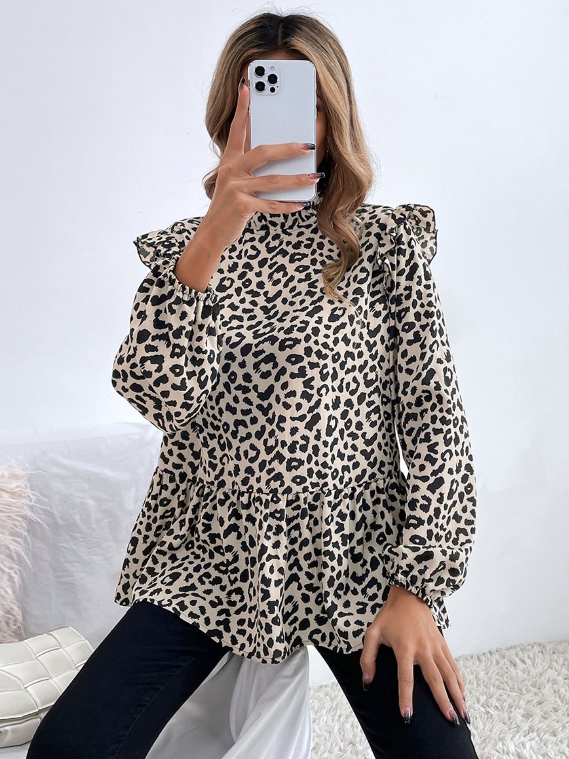 Ruffled Leopard Mock Neck Long Sleeve Blouse  Shop One Place