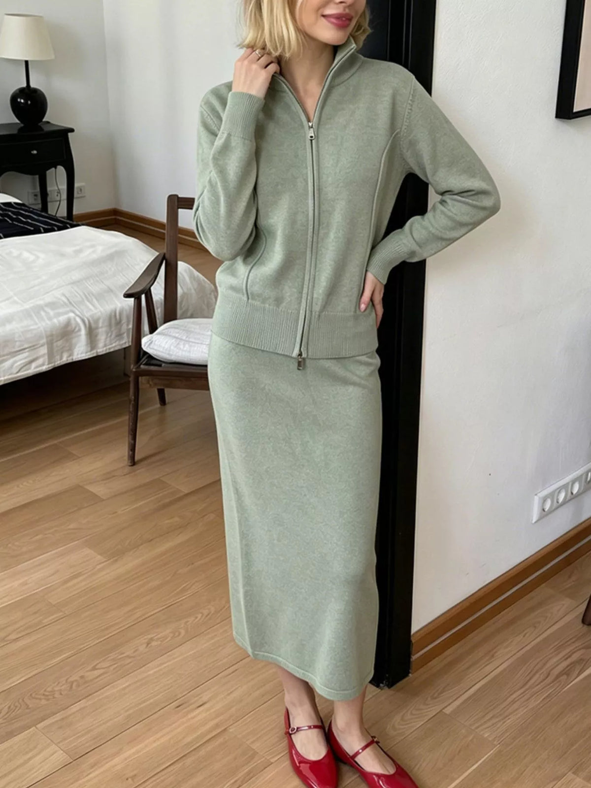 Zip-Up Mock Neck Cardigan and Matching Midi Skirt Sweater Set  Shop One Place
