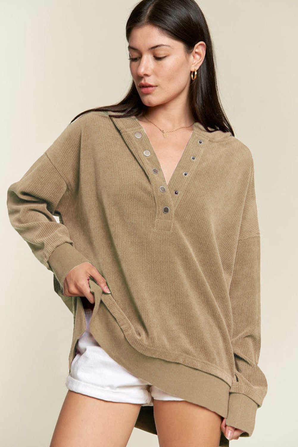 Simply Taupe Solid Ribbed Knit Buttoned Drop Shoulder Oversized Hoodie