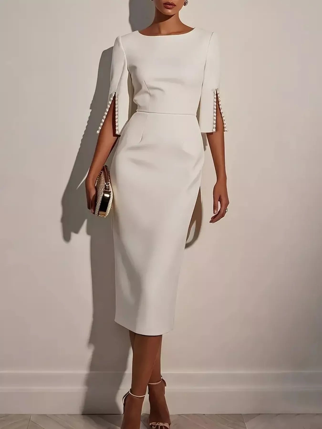 Slim-Fit Elegant Midi Dress with Beaded Slit Sleeve  Shop One Place