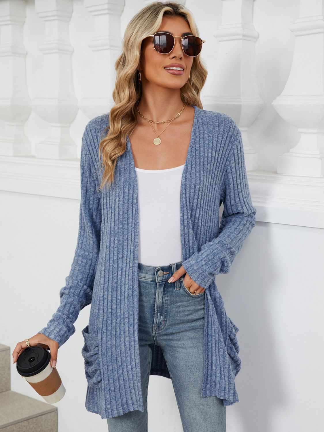 Pocketed Open Front Long Sleeve Cardigan  Shop One Place