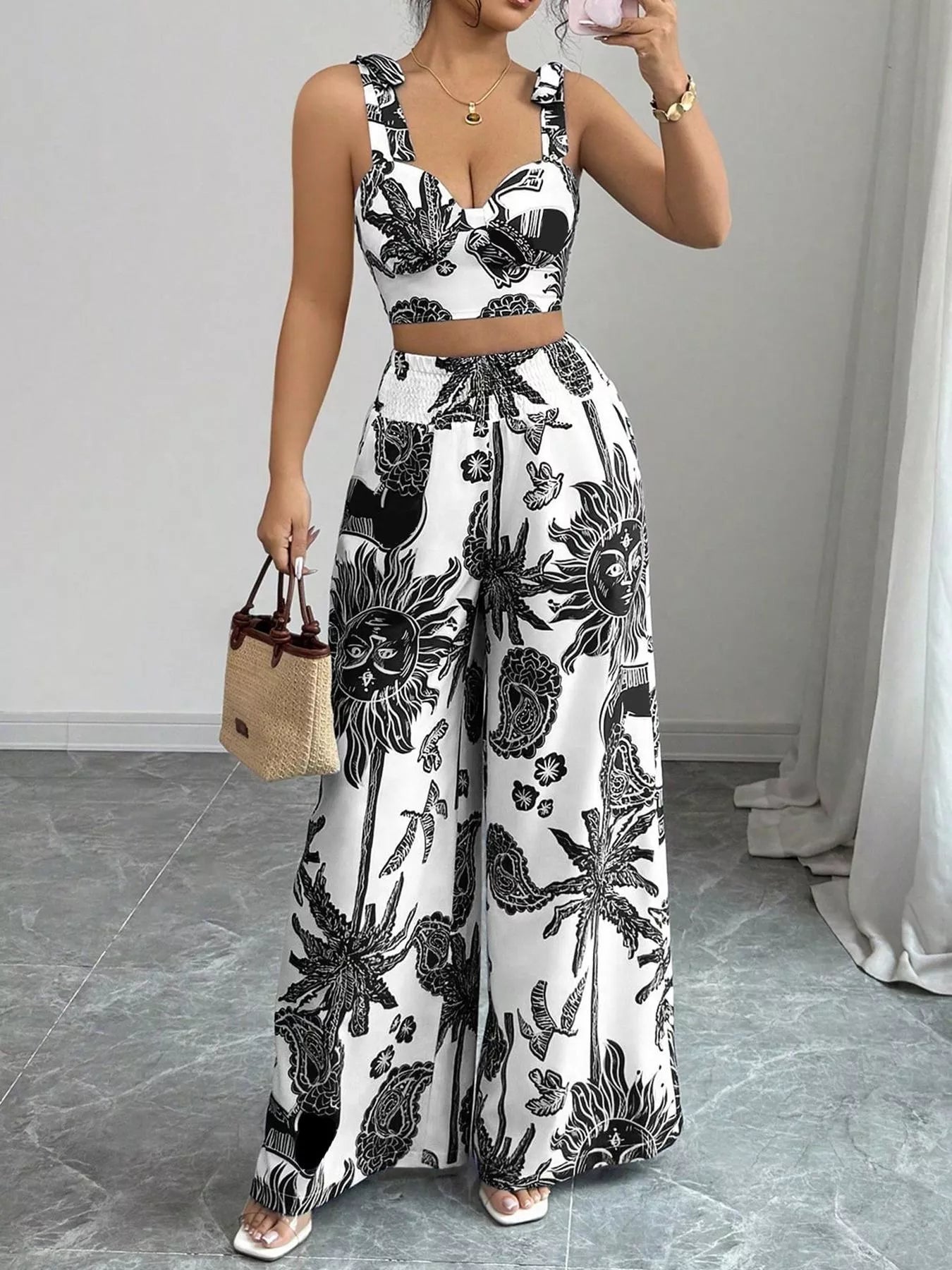 Floral Print Smocked Crop Top & Wide-Leg Pants Set – Women’s Two-Piece Outfit  Shop One Place