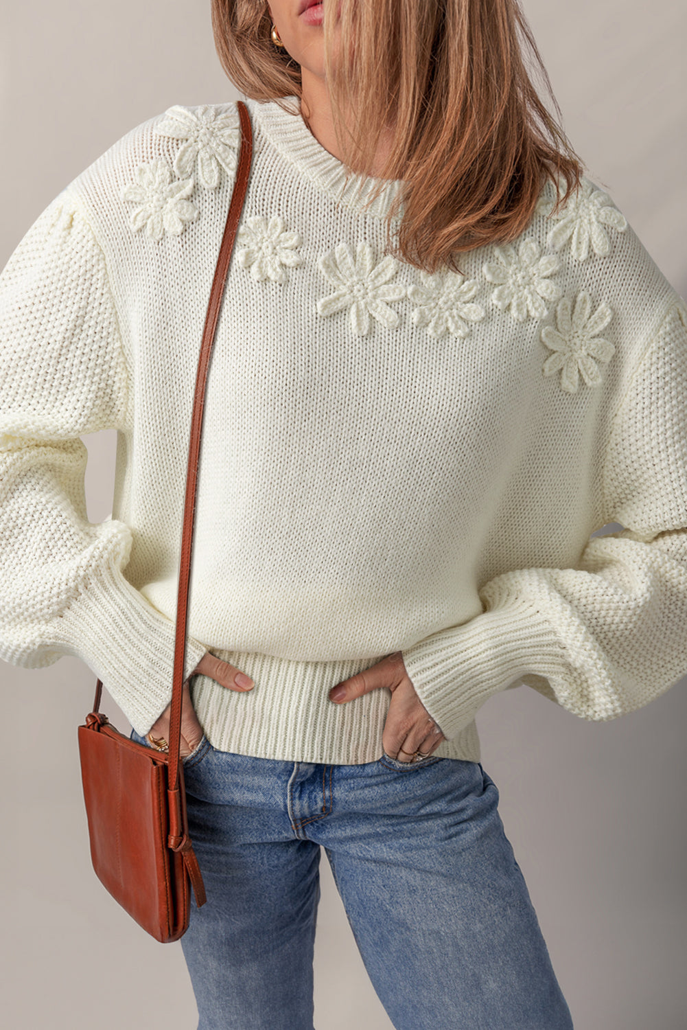 White Flower Detail Round Neck Contrast Textured Puff Sleeve Sweater  Shop One Place
