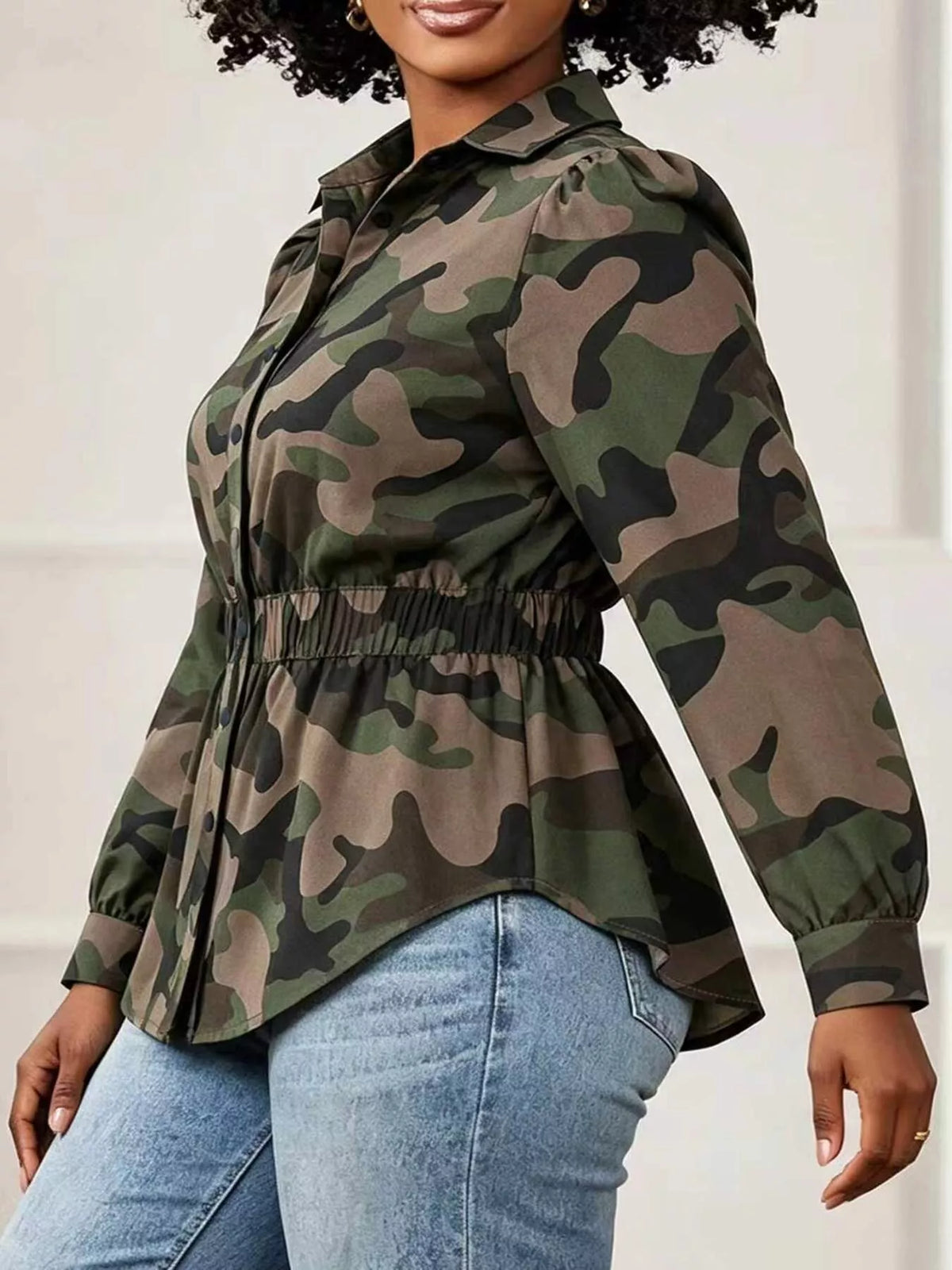 Camouflage Button Front Long Sleeve Blouse  Shop One Place