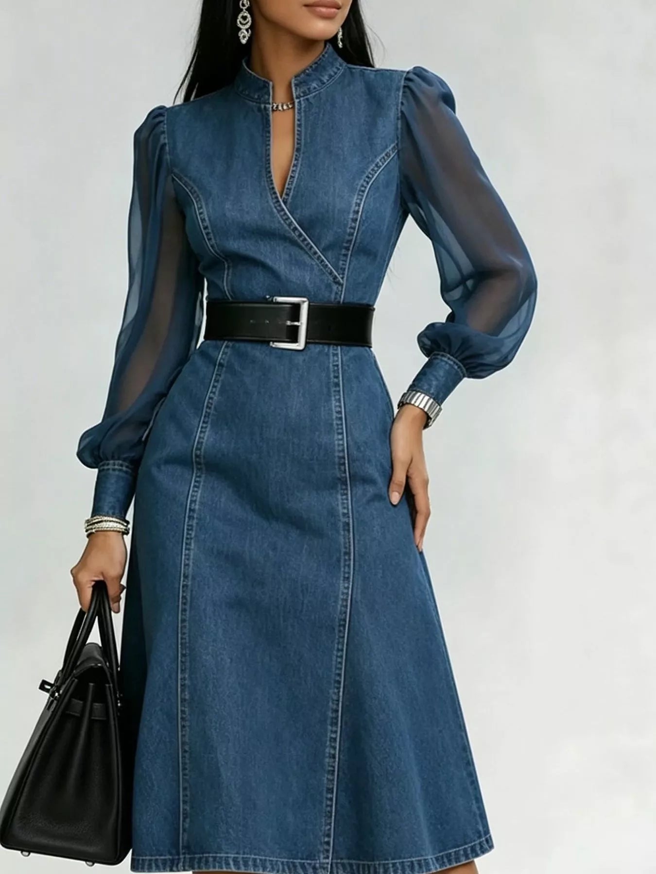 Denim Midi Dress with Sheer Sleeves  Shop One Place