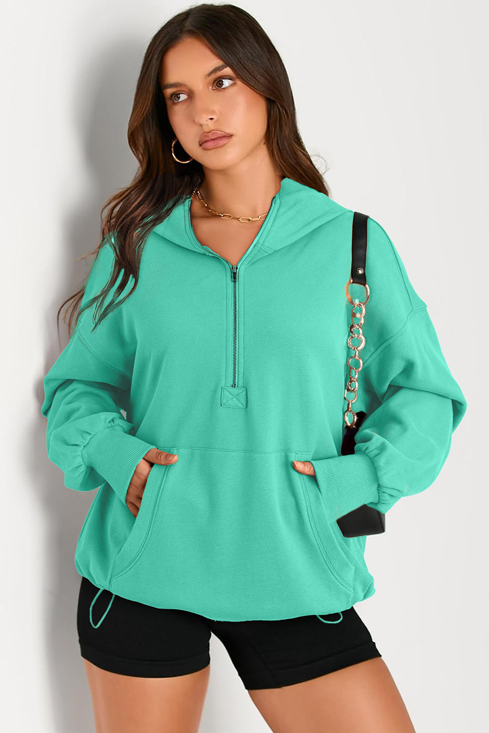 Moss Green Kangaroo Pocket Half Zipper Oversized Hoodie