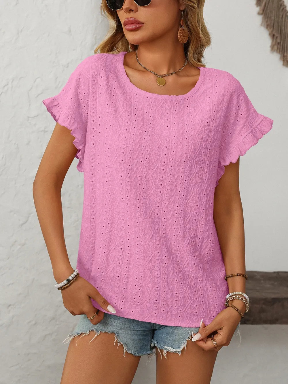 Mandy Eyelet Round Neck Short Sleeve Top  Shop One Place