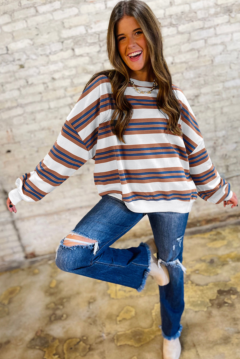 Khaki Striped Crew Neck Drop Shoulder Pullover Sweatshirt  Shop One Place