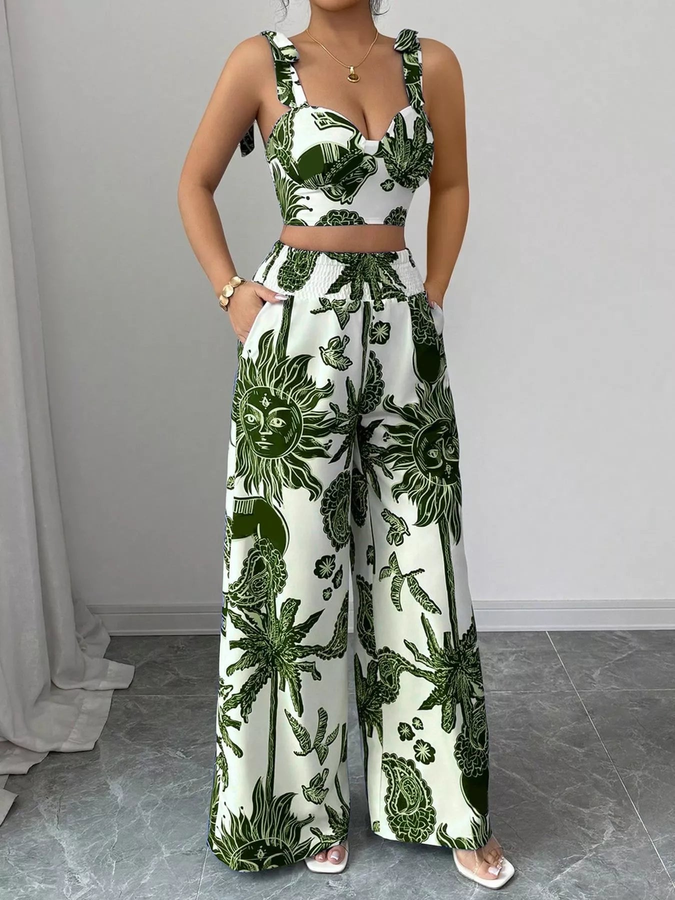 Floral Print Smocked Crop Top & Wide-Leg Pants Set – Women’s Two-Piece Outfit  Shop One Place