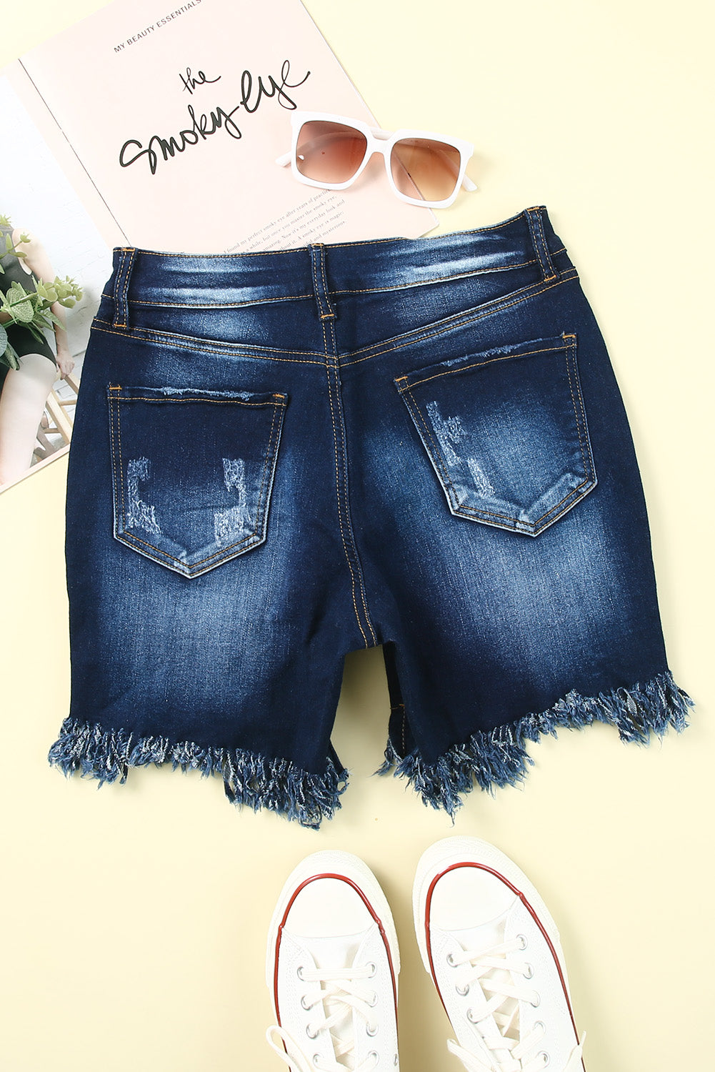 Blue Distressed Skinny Fit High Waist Denim Shorts