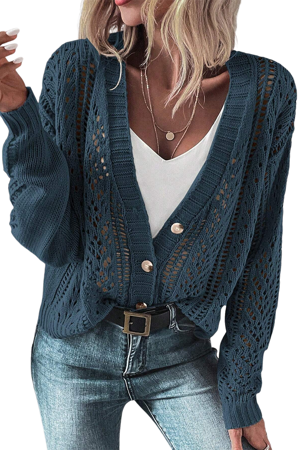 Dark Khaki Hollow Knit Drop Shoulder Cardigan  Shop One Place