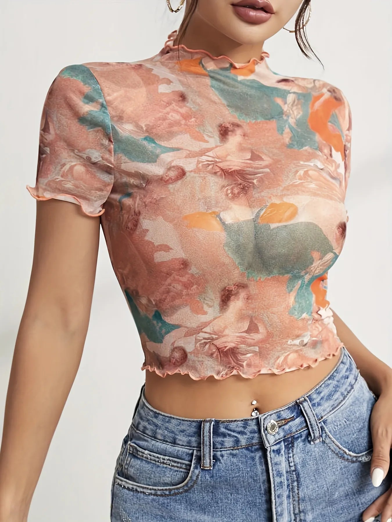 Abstract Print Ruffled Mock Neck Crop T-Shirt  Shop One Place