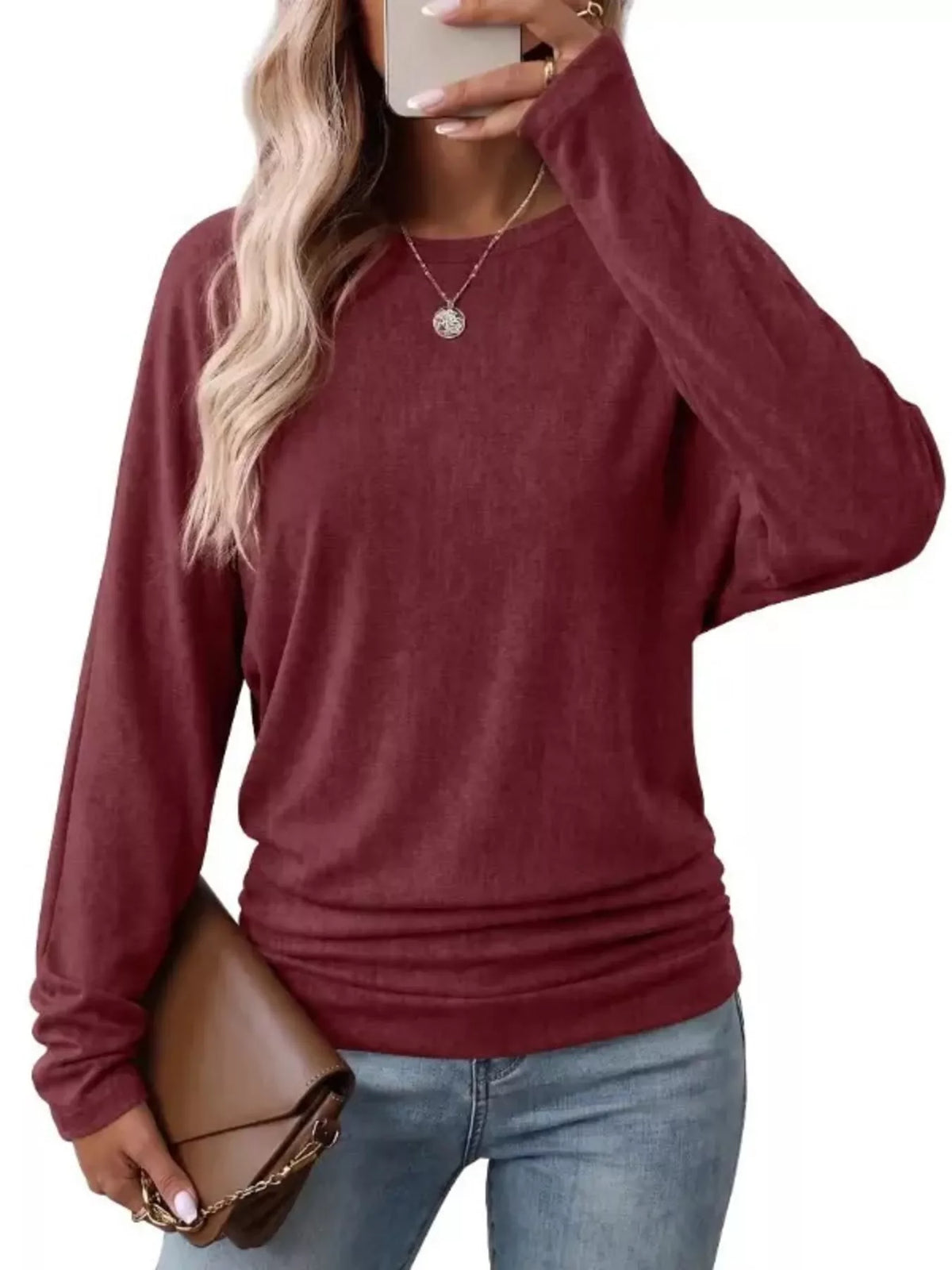 Women's Long Sleeve Crew Neck T-Shirt with Ruched Hem – view 7