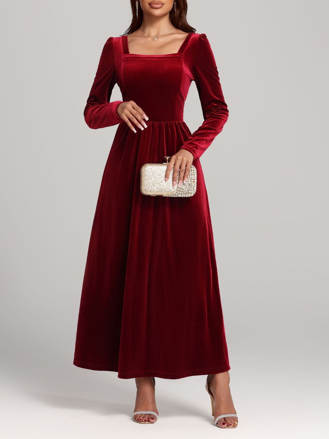 Velvet Square Neck Long Sleeve Dress  Shop One Place