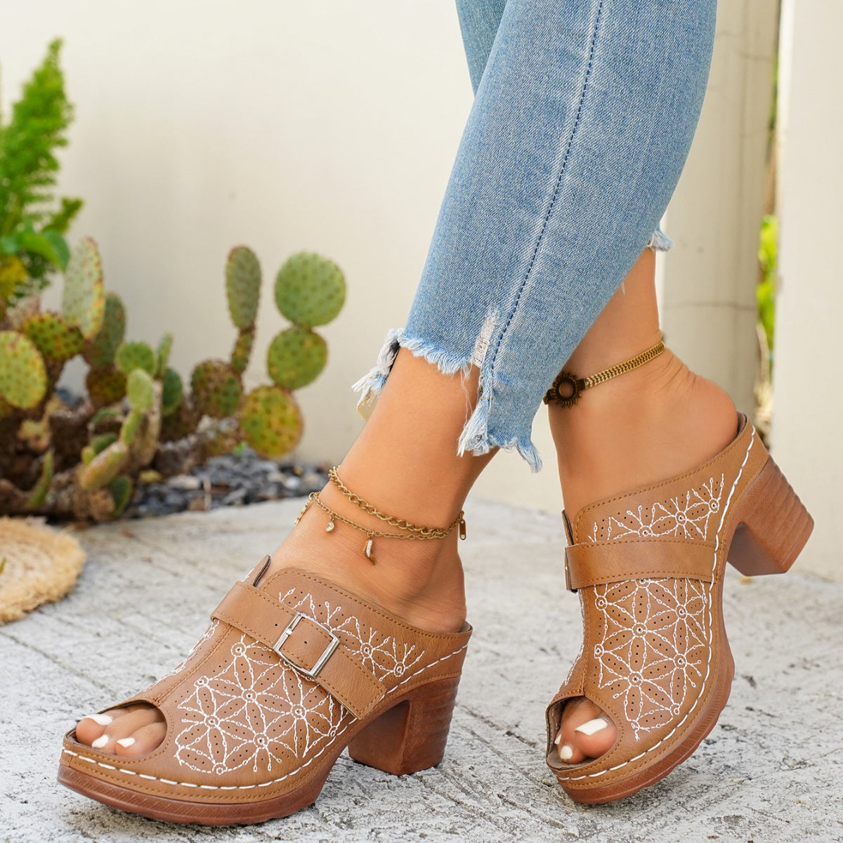 Buckle Decor Block Heel Sandals  Shop One Place
