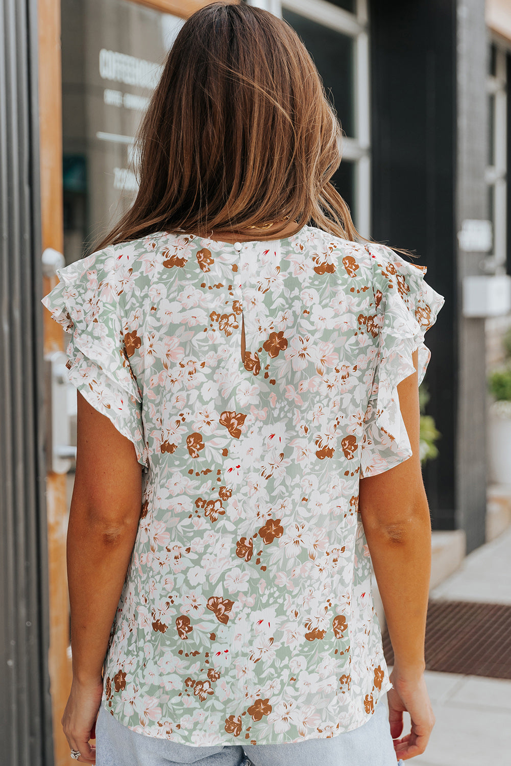 Pastel Green Floral Print Tiered Ruffle Short Sleeve Summer Top