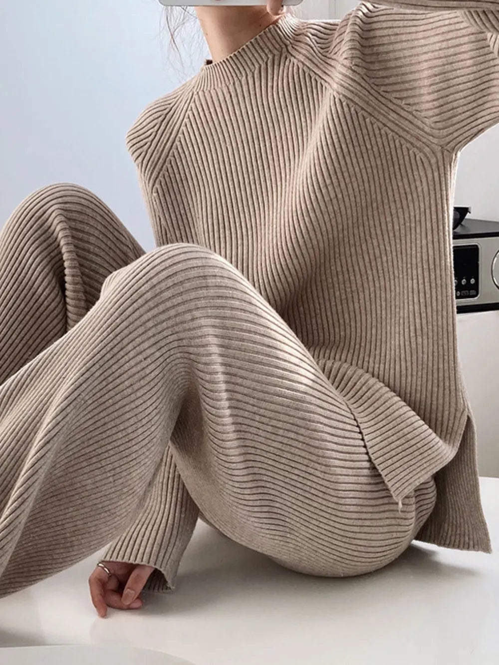 Mock Neck Raglan Sleeve Top and Pants Sweater Set  Shop One Place