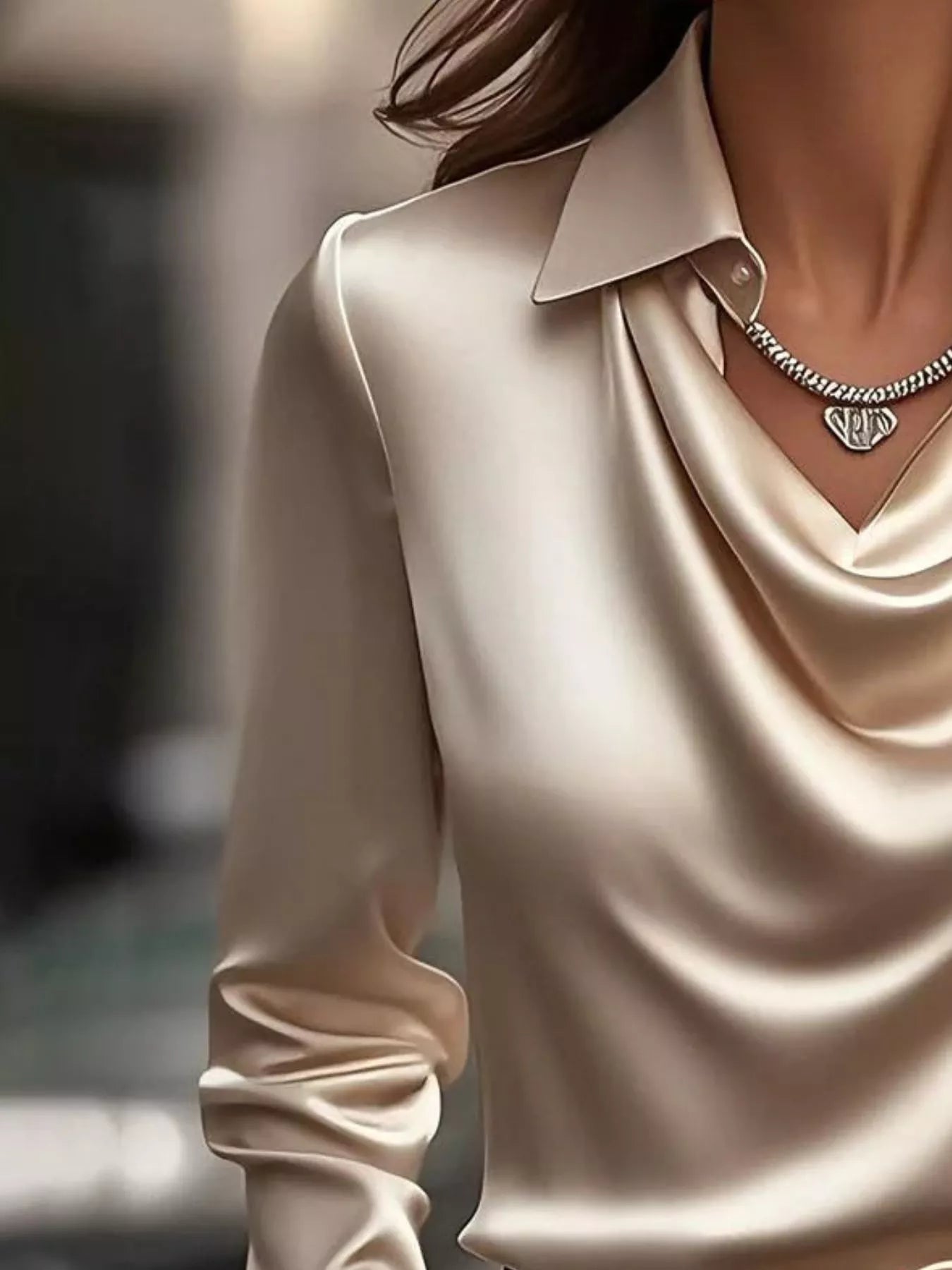 Ruched Long Sleeve Drape Collar Blouse  Shop One Place