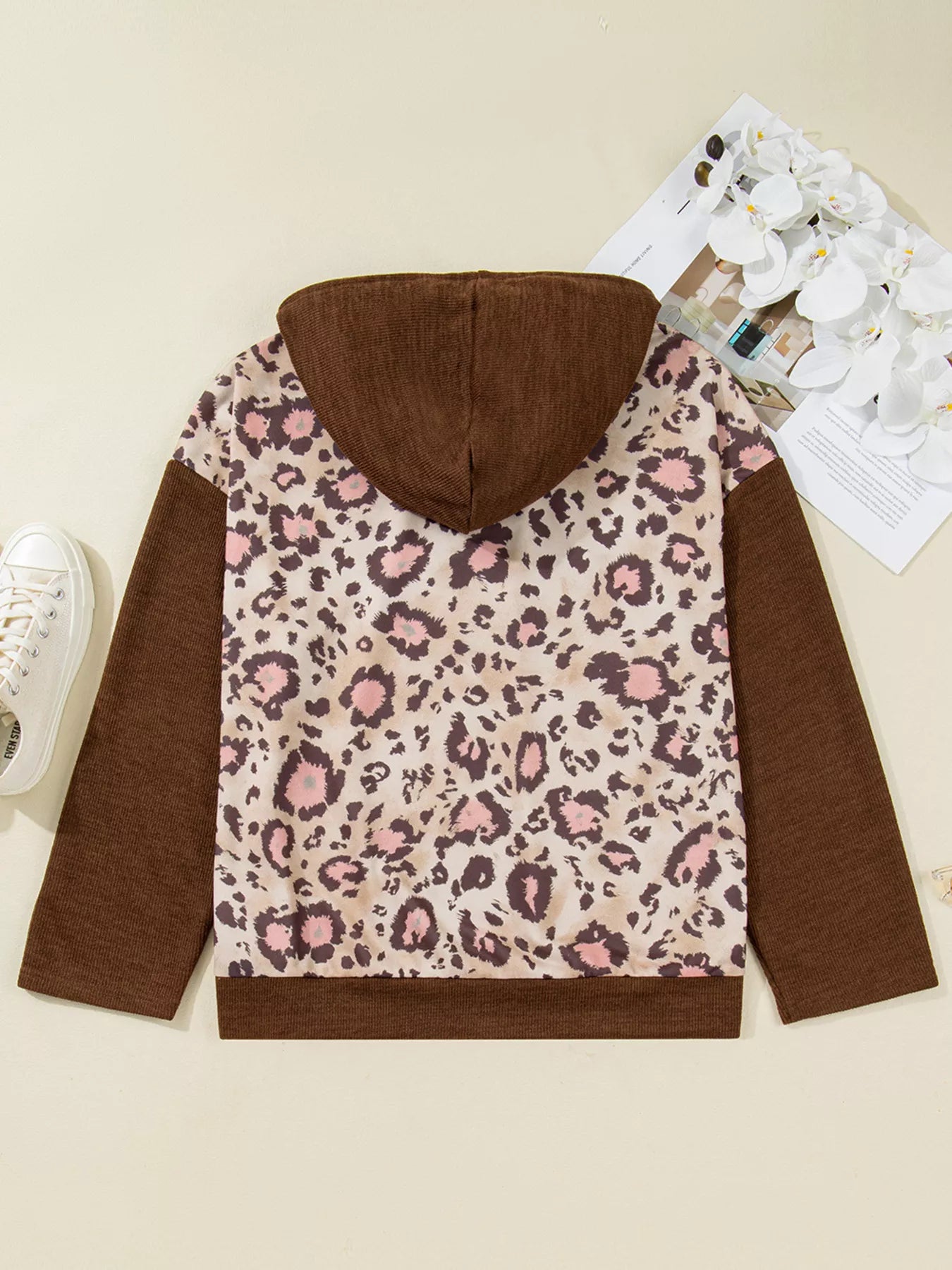 Plus Size Leopard Long Sleeve Drawstring Hoodie  Shop One Place