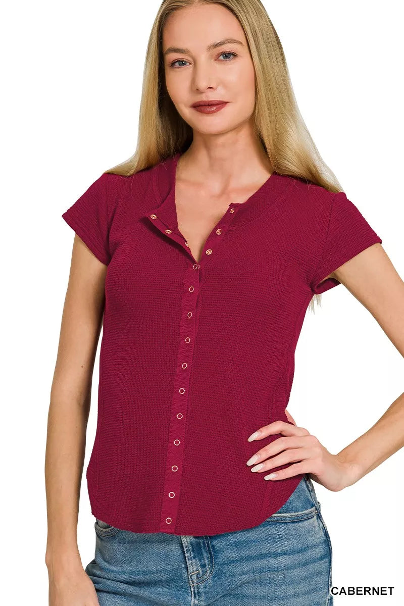 Zenana Double Knit Snap Button Short Sleeve Shirt  Shop One Place