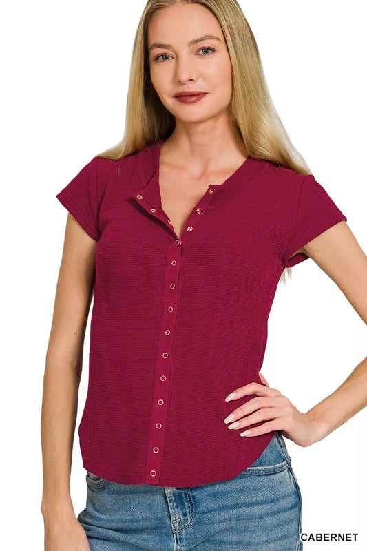 Zenana Double Knit Snap Button Short Sleeve Shirt  Shop One Place