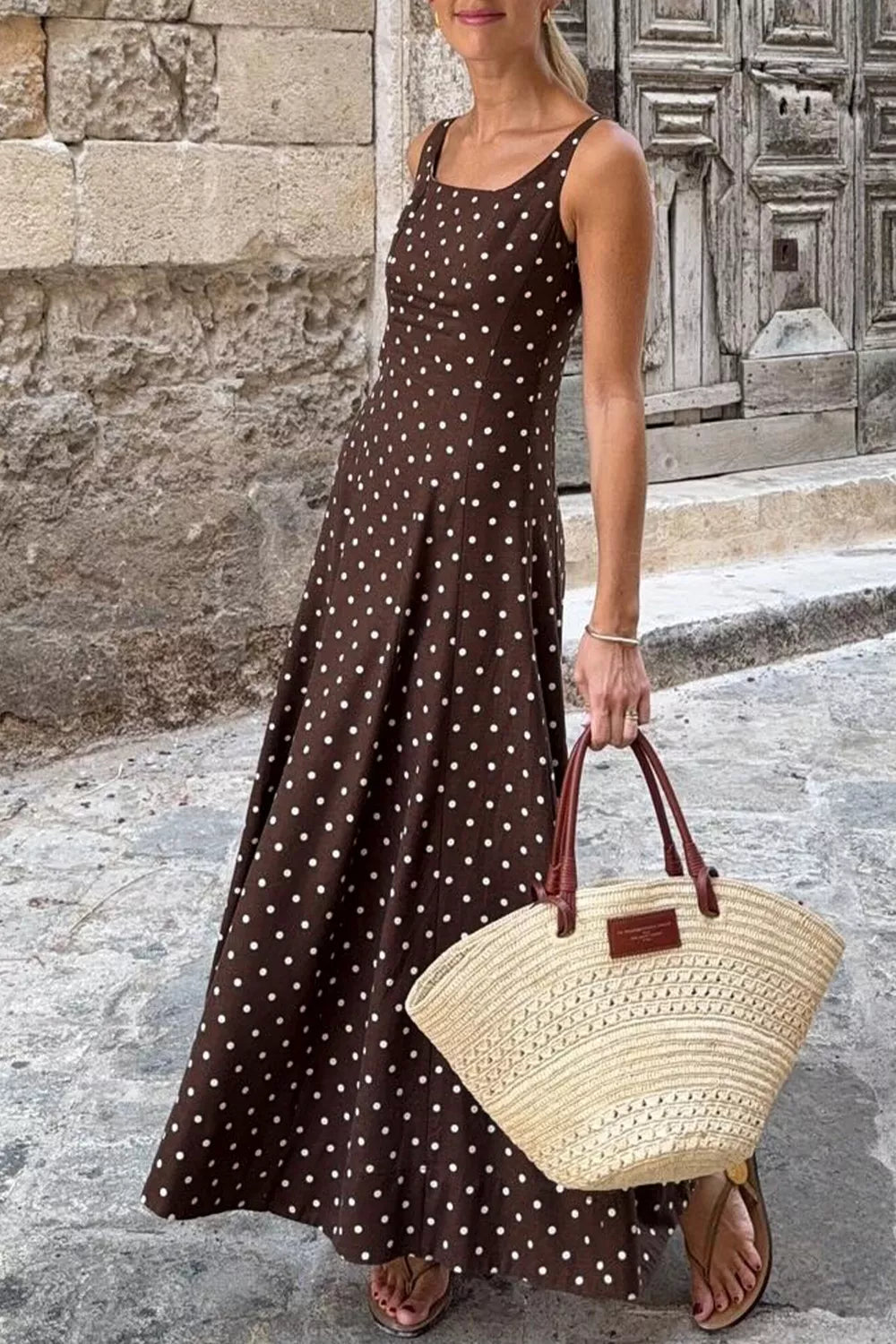 Polka Dot Print Square Neck Sleeveless Vacation Maxi Dress  Shop One Place