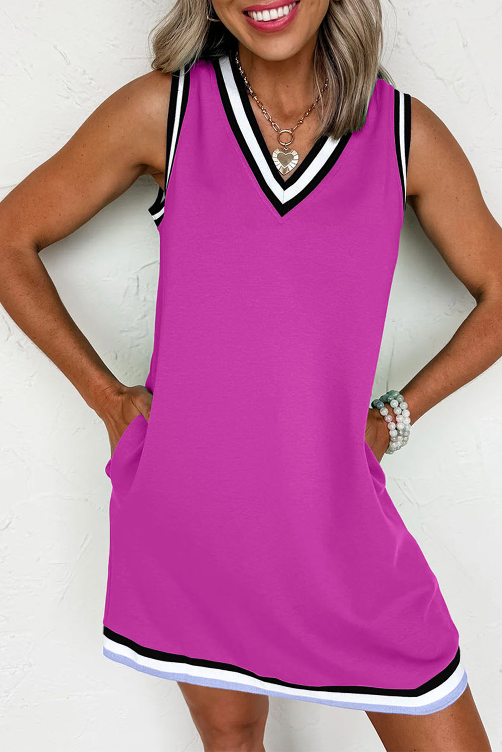 Mint Green Contrast Trim V Neck Sleeveless Mini Dress  Shop One Place