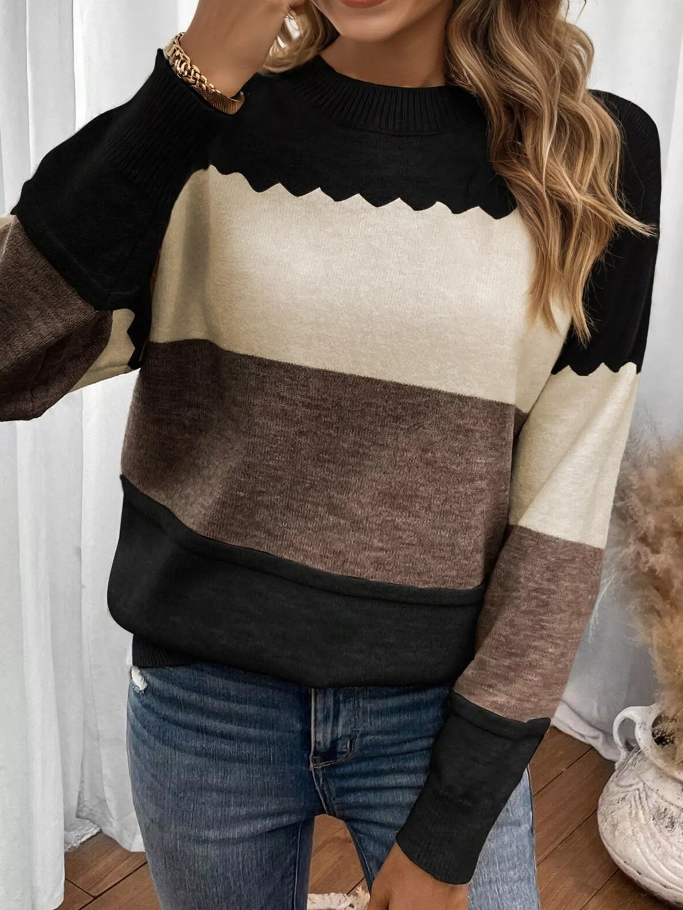 Color Block Crew Neck Drop Shoulder Sweater  Shop One Place