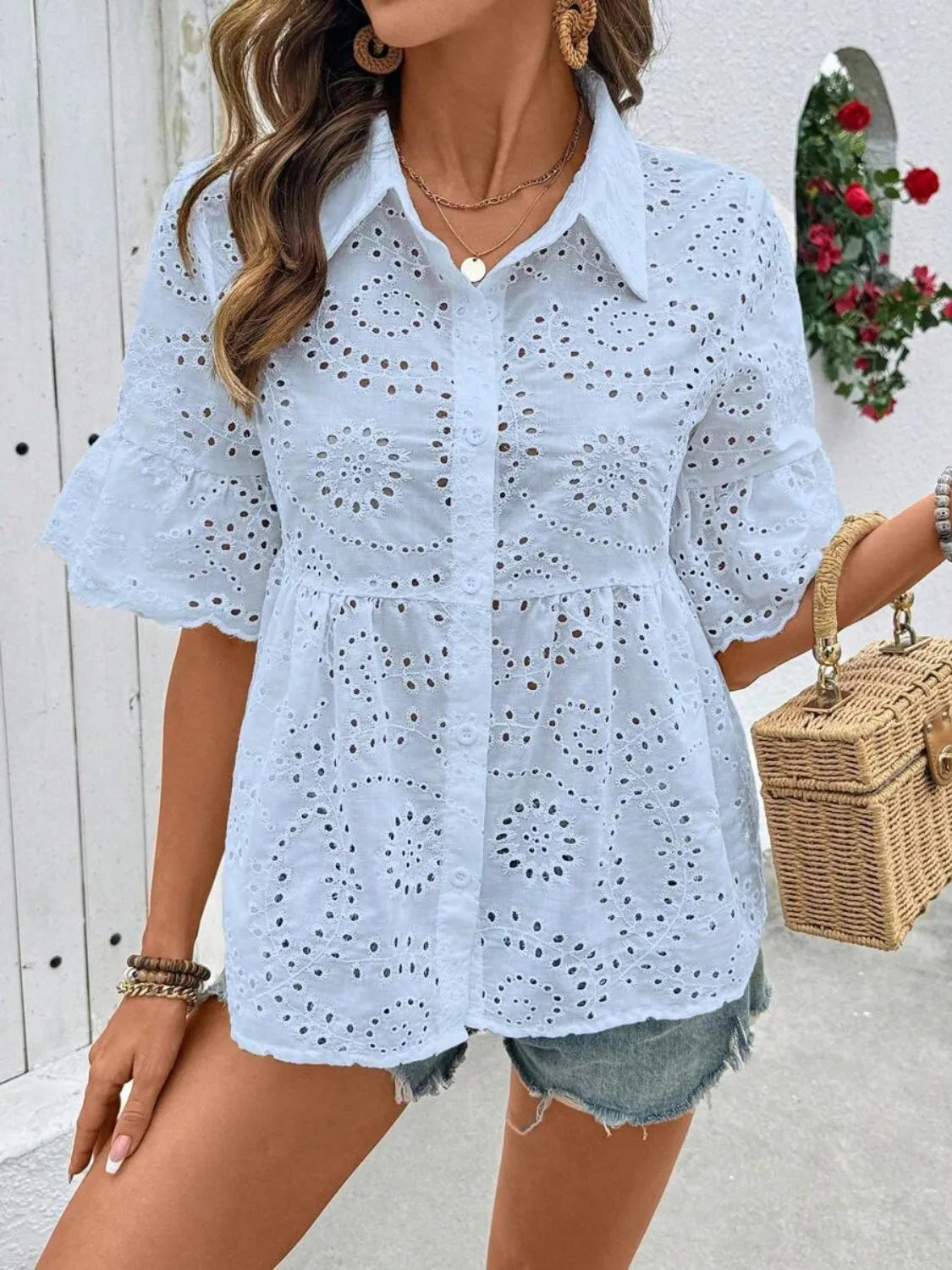 Eyelet Solid Collared Neck Half Sleeve Shirt  Shop One Place