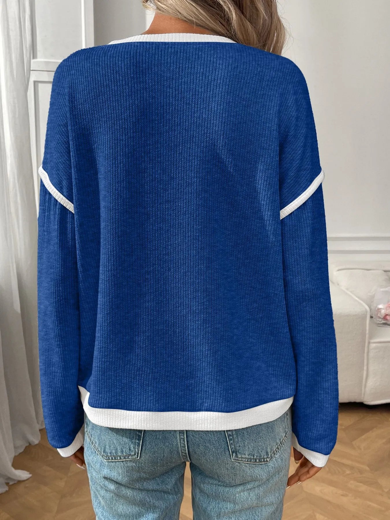 Ribbed Contrast Trim Long Sleeve Top  Shop One Place