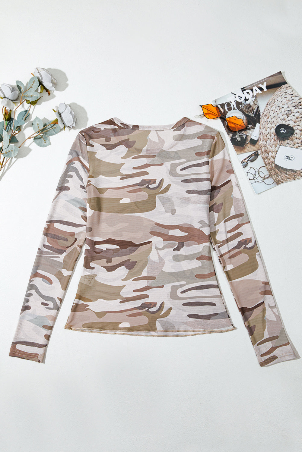 Green Camouflage Print Slim Fit Long Sleeve Top  Shop One Place
