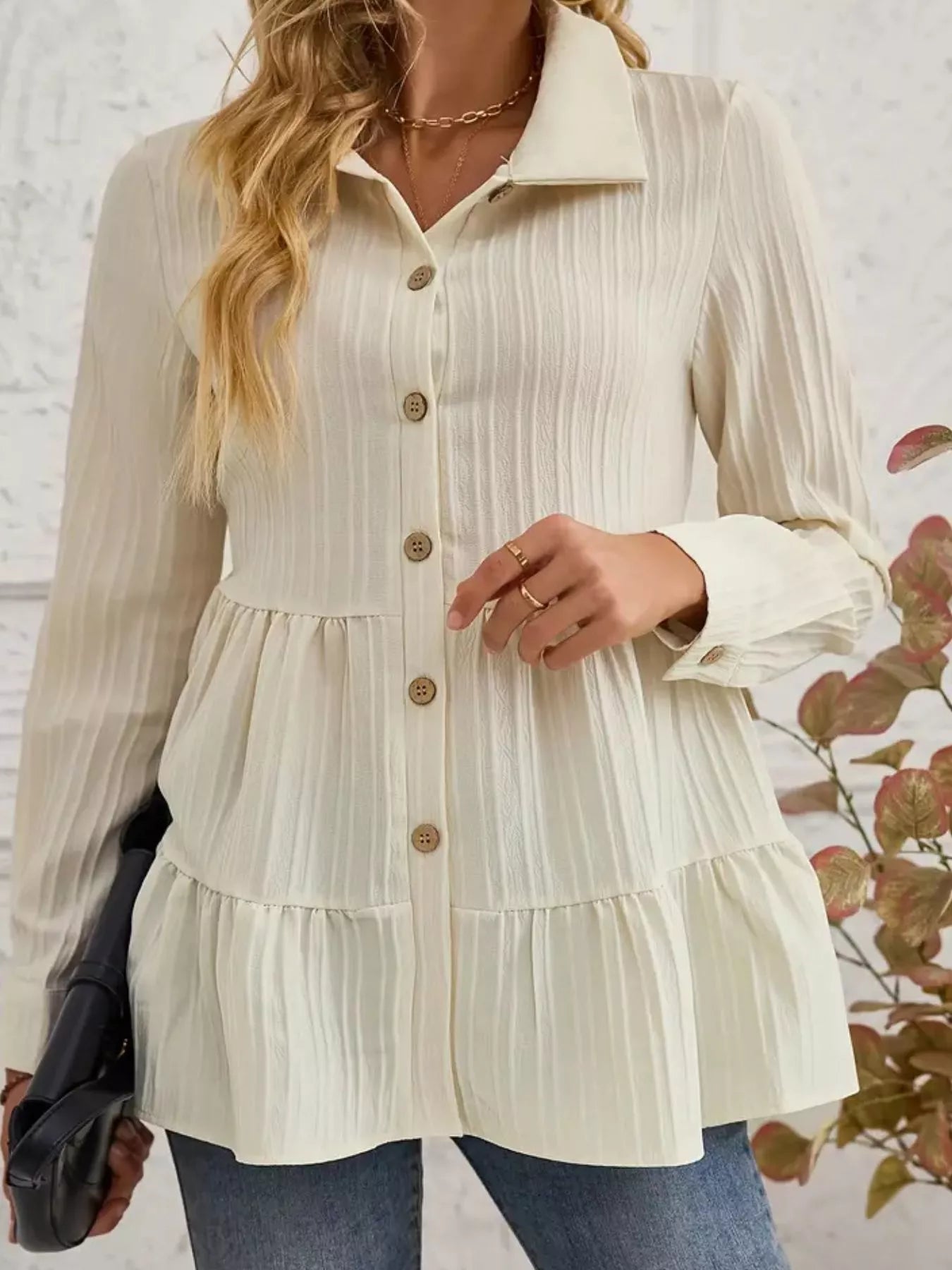 Button-Down Long Sleeve Tiered Shirt  Shop One Place