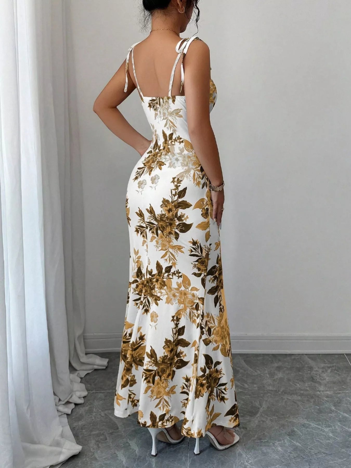 Printed Tie Strap Slit Maxi Dress  Shop One Place