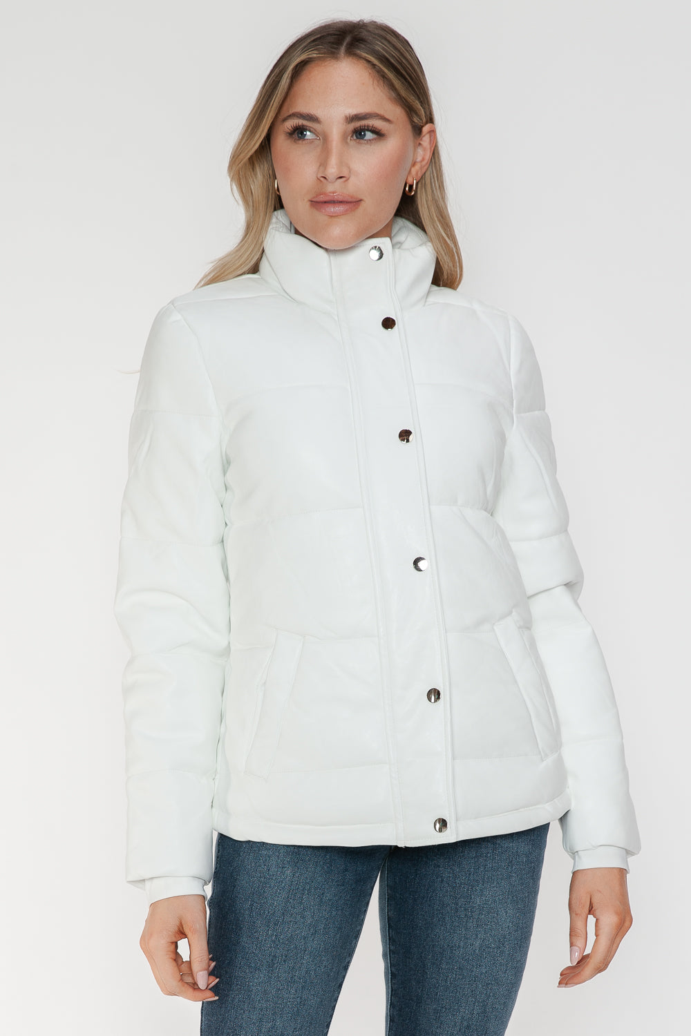 White YMI Pocketed Zip Up Turtleneck Puffer Jacket