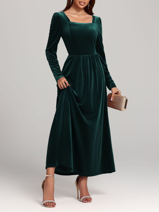 Velvet Square Neck Long Sleeve Dress  Shop One Place
